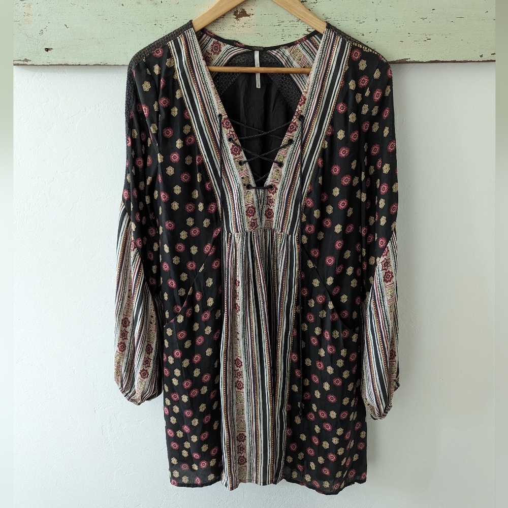 FREE PEOPLE I Black Boho Festival Lace-Up Rain or Shine Tunic Mini Dress, S - Picture 4 of 15